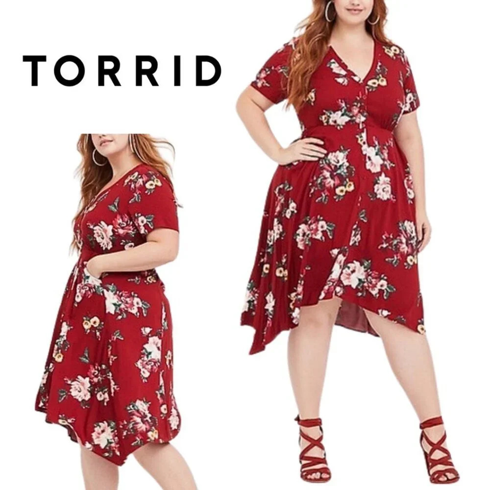 Torrid, Floral Challis Button Asymmetrical Midi Shirt Dress, Red, Cream, Green